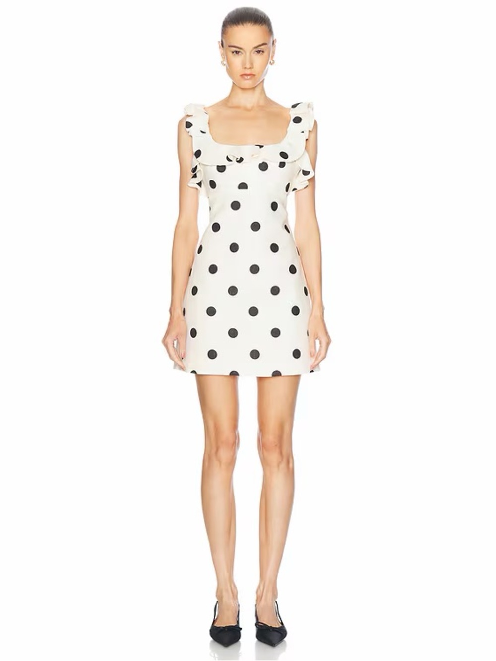 Zimmermann White Mini Dress with Black Polka Dots and Ruffle Neckline